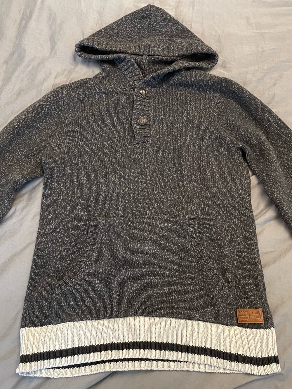 Roots Men's Heather Charcoal Crewneck Hoodie with White Trim